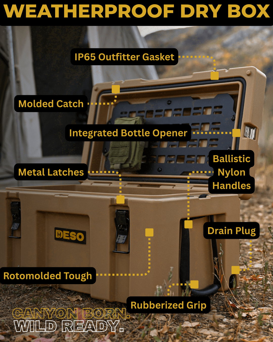 Deso 220L Wheeled Weatherproof Dry Box in ONYX - for backcountry hunting and camping by Deso Gear
