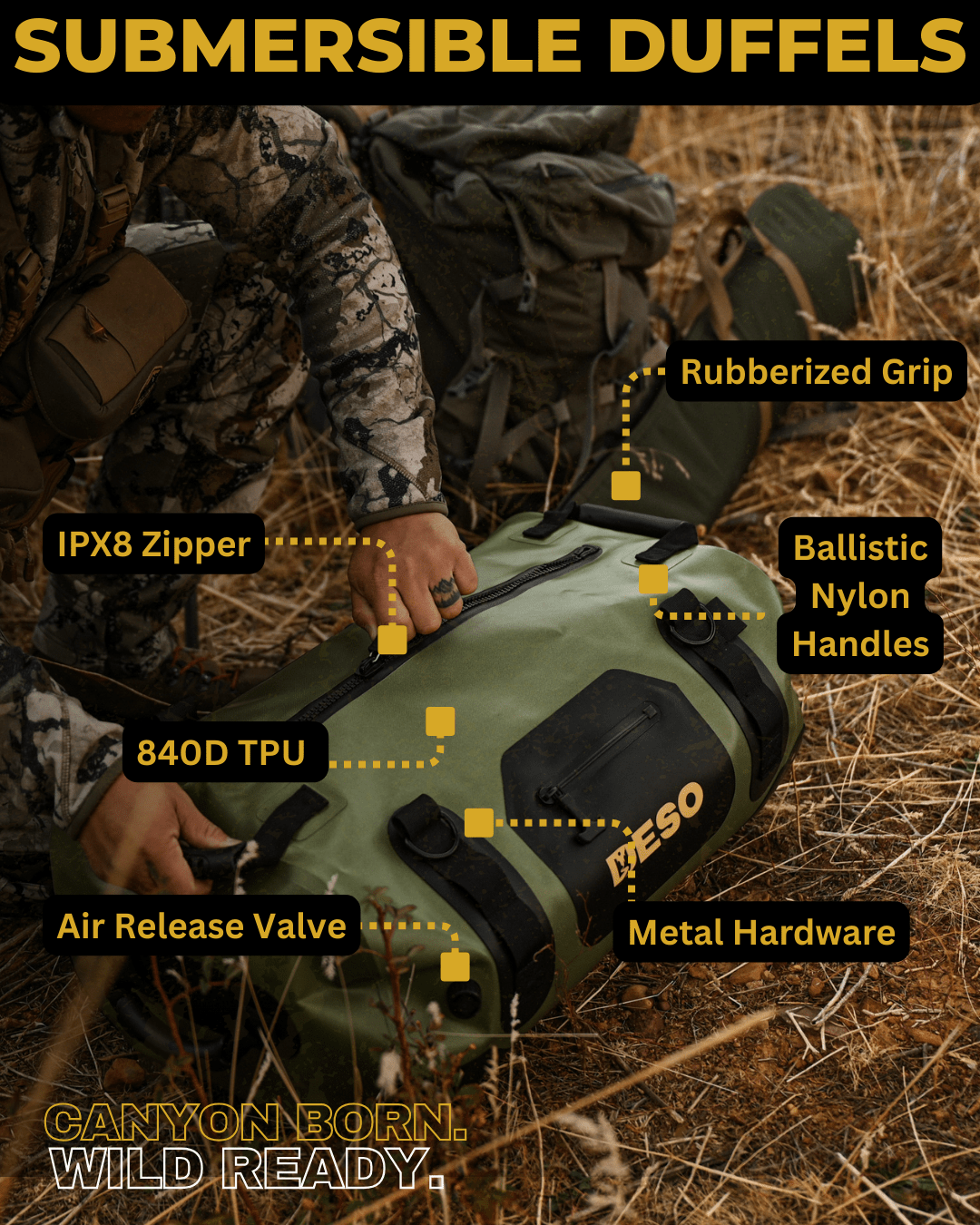 Deso 60L Submersible Ranger Duffel in ONYX - for backcountry hunting and camping by Deso Gear